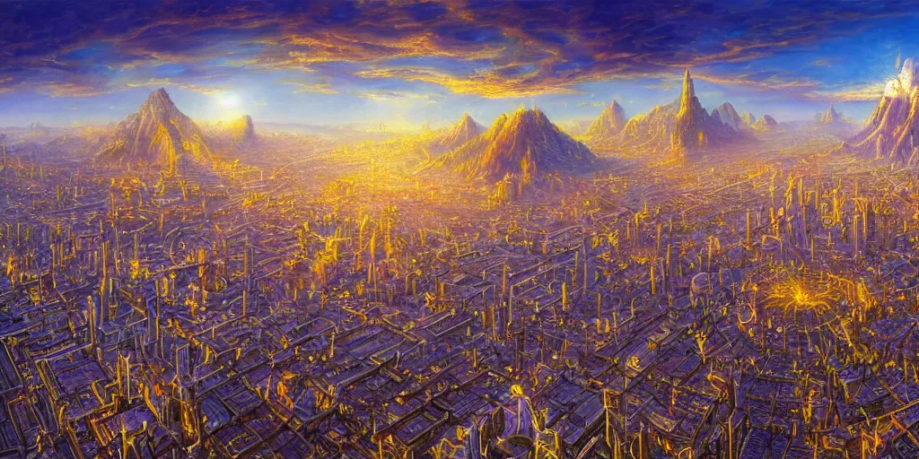 Prompt: balanced fantasy masterpiece, bird's eye vista view, high - tech atlantean civilization, mayan, chrome, gold, amethyst, highrise city, extremely detailed, distant mountains, bright clouds, luminous sky, bright cinematic lighting, michael cheval, michael whelan, airbrush digital oil painting, vray, 8 k hd