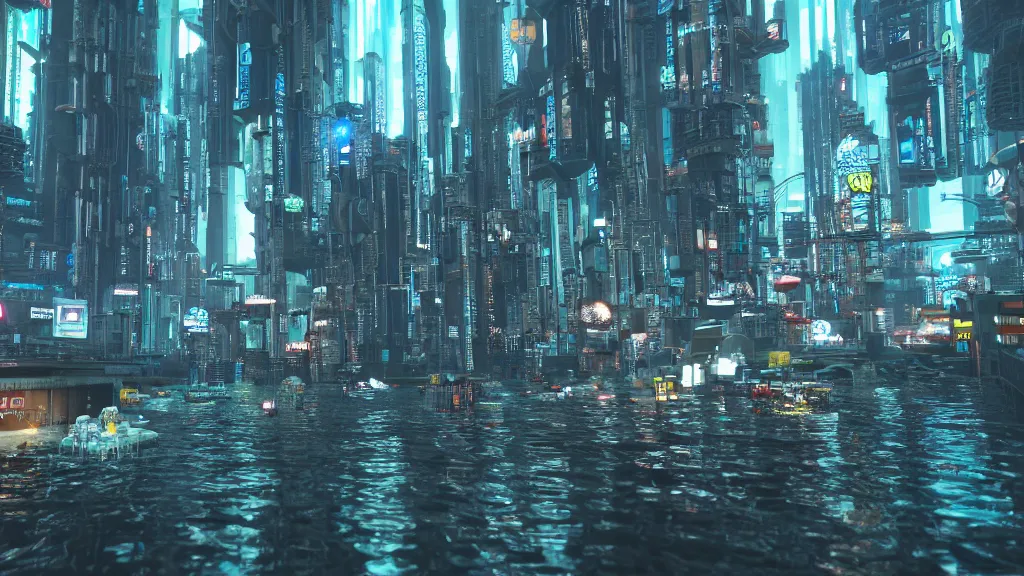 Image similar to cyberpunk city built underwater, made in blender, octane render, cinematic, volumetric lighting, flooded, futuristic,, hyperrealistic, highly detailed, 4 k hd