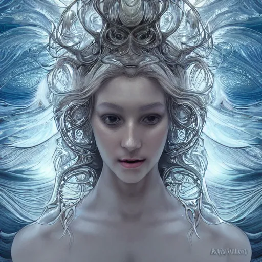 Image similar to a photograpic portrait of a anthropomorphic bioluminescent water wave wearing white clothes, fantasy, intricate, elegant, highly detailed, digital painting, artstation, concept art, smooth, sharp focus, illustration, art by artgerm and h r giger and alphonse mucha