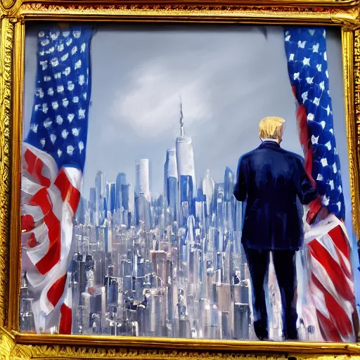 Prompt: painting of donald trump portrait, new york city in background, charlie bowater style