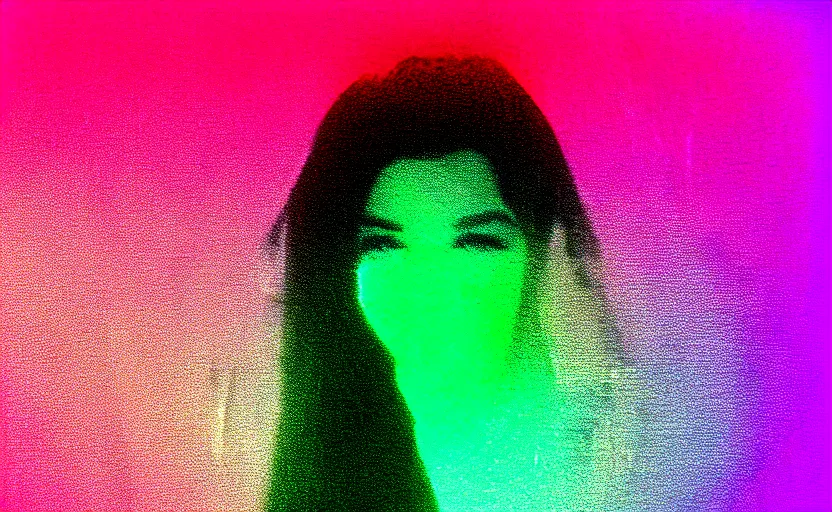 Prompt: vhs glitch art portrait of a happy woman hidden underneath a sheet, foggy environment, static colorful noise glitch volumetric light, by bekinski, unsettling moody vibe, vcr tape, 1 9 8 0 s analog video, vaporwave aesthetic, directed by david lynch, colorful static, datamosh, pixeled stretching