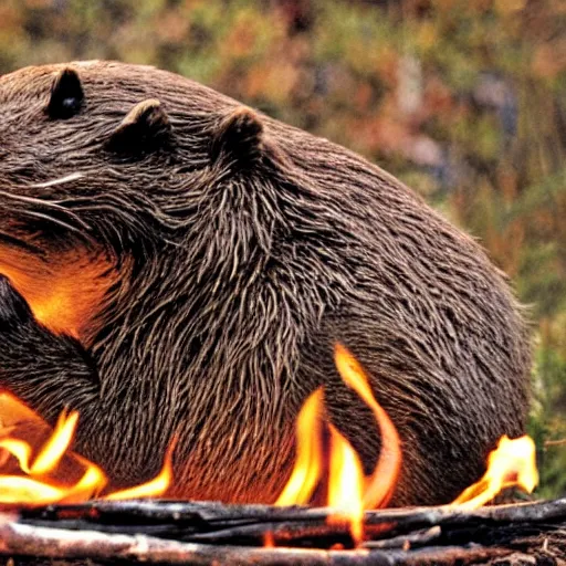 Image similar to beaver being roasted over a fire, photograph