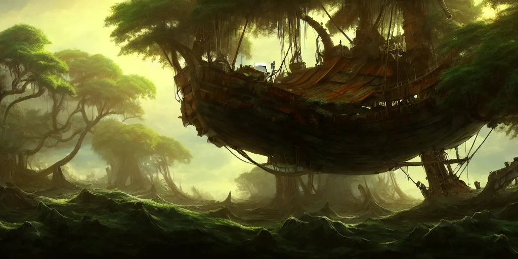 Image similar to A derelict pirate ship grounded in the treetops of giant oaks, game art matte painting hyperdetailed, artstation, cgsociety, 8k, surreal dream landscape