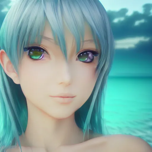 Prompt: render as a very beautiful 3d anime girl, short green hair, azure blue eyes, full round face, short smile, casual clothes, serene beach setting, cinematic lightning, medium shot, mid-shot, highly detailed, trending on Artstation, Unreal Engine 4k, cinematic wallpaper