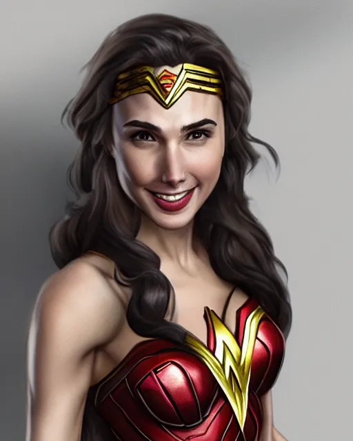 Prompt: cu portrait photo of a smiling gal gadot playfully sticking out her tongue while dressed as wonder woman, photorealistic, trending on artstation