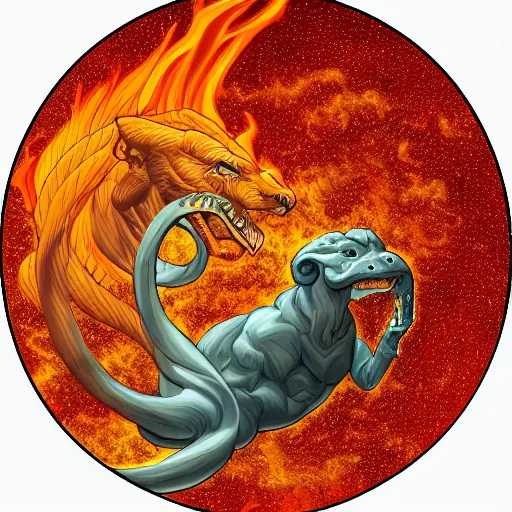 Image similar to the demiurge, a giant snake with the head of a lion, floating in space looking down on the earth beneath it, in flames. detailed digital art