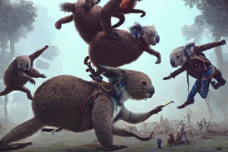 Image similar to steampunk family fighting a horde of crazy killer koalas, 3d scene, render, ultra realistic, zenith view, Greg Rutkowski, artstation, cgsociety, unreal engine, ray tracing, detailed illustration, hd, 4k, digital art, overdetailed art, concept art, complementing colors, Trending on artstation, deviantart