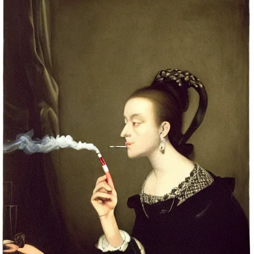 Image similar to a woman smoking a cigarette in a dark room, a portrait by nicholas hilliard, screenshot by martin scorsese, photorealistic painting by jerry weiss, aestheticism, goth, dark and mysterious, filmic, a photorealistic painting by jerry weiss, shutterstock tumblr contest winner, naturalism, behance hd, shutterstock contest winner