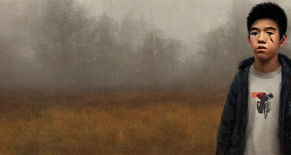 Prompt: teenage, boy, half asian, cute, portrait, close-up, industrial background, autumn, rainy, foggy, utopian looking, 80s, moody, drawn, artwork by Simon Stalenhag