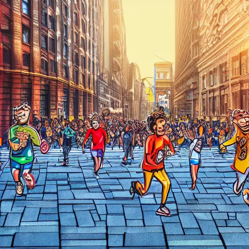 Image similar to bunch of people running away from a bitcoin giant in the city, hyper detailed, hdr, 8 k, bright colors