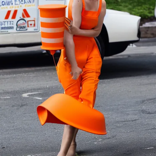 Image similar to margot robbie stealing a traffic cone, 4 k