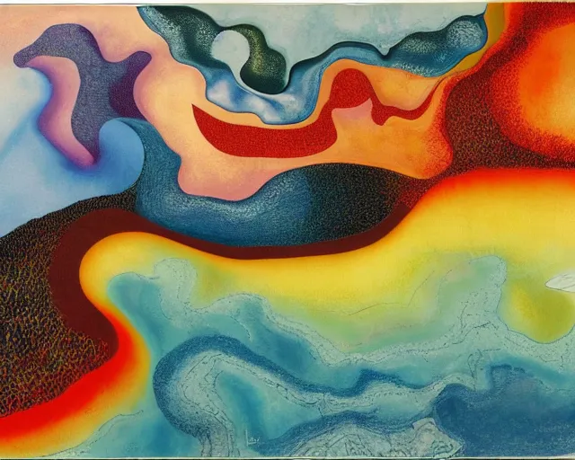 Prompt: Ocean waves in a psychedelic dream world. DMT. Curving rivers. Georgia O'Keeffe. Zao Wou-ki. Yves Tanguy.