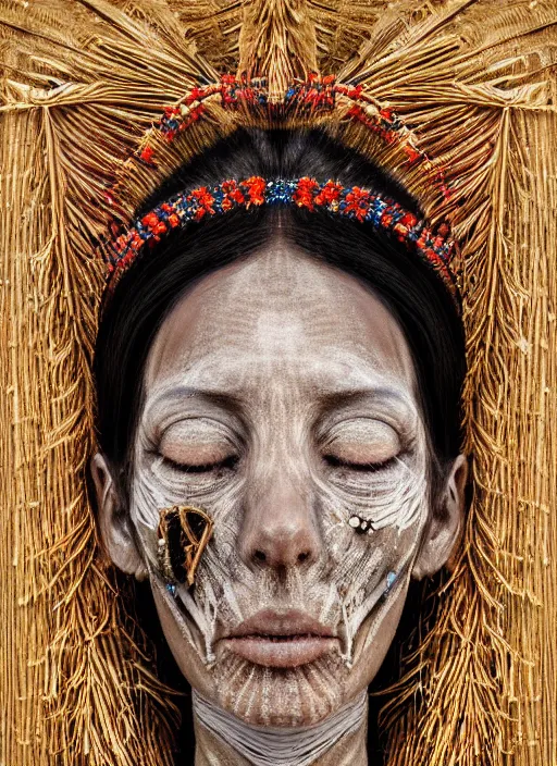 Image similar to a portrait of a mummified woman, ritualistic burial, pagan empress with closed eyes, decorated with beads and feathers and twigs, cobwebs, photorealistic, beautiful hyper realistic painting, detailed portrait