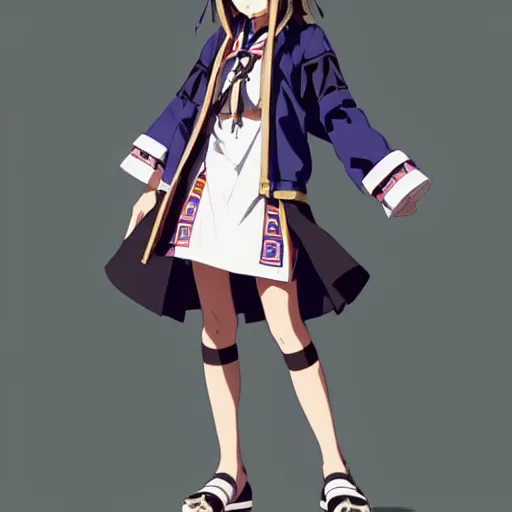 Image similar to a beautiful! boyish! natalie portman model, wearing catholic school girl outfit with mayan pattern and native style, aztec street fashion, guilty gear art direction, perfect face, gapmoe yandere grimdark, trending on pixiv fanbox, painted by greg rutkowski makoto shinkai takashi takeuchi studio ghibli, akihiko yoshida