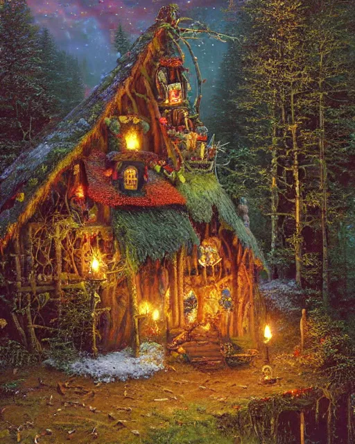 Prompt: an oil painting of a candy - covered gingerbread witch's house in the forest, by thomas kincade, ivan shiskin, and james gurney