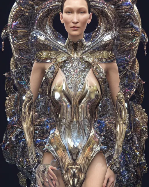 Image similar to a highly detailed metahuman 4 k close up render of an alien goddess bella hadid as alien in iris van herpen dress schiaparelli in diamonds crystals swarovski and jewelry iridescent in style of alphonse mucha gustav klimt trending on artstation made in unreal engine 4