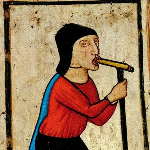 Prompt: medieval painting of tom scott choking on a vape