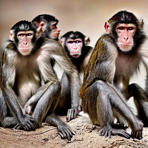 Prompt: wild life photo of a group of monkeys in the style of peter beard