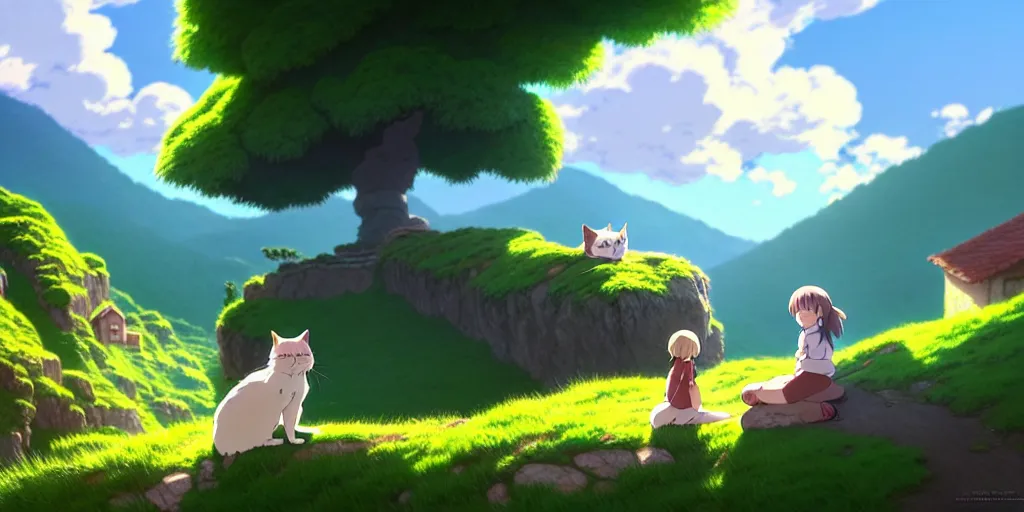 Image similar to the girl and the cat. morning in a small village in the mountains, rocky roads, beautifull puffy clouds. anime, studio ghibli. intricate, elegant, super highly detailed, professional digital painting, artstation, concept art, smooth, Unreal Engine 5, 8k resolution, cinema 4d, 3D, beautiful, cinematic