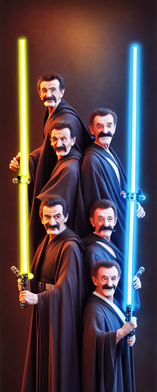 Image similar to full body photo of paul chuckle standing next to barry chuckle dressed as jedi knights holding lightsabers, intricate, elegant, highly detailed, cinestill, digital painting, artstation, led dramatic lighting, concept art, matte, sharp focus, illustration, art by da vinci, artgerm and greg rutkowski and alphonse mucha