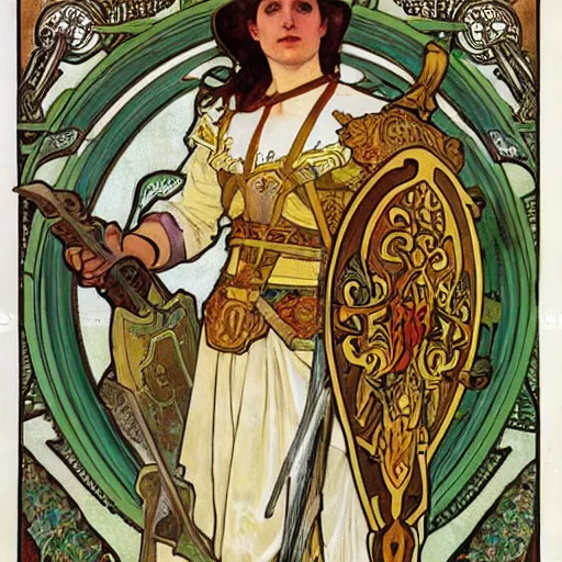 Image similar to germania in full plate armour, sword, shield, painted by alphonse mucha