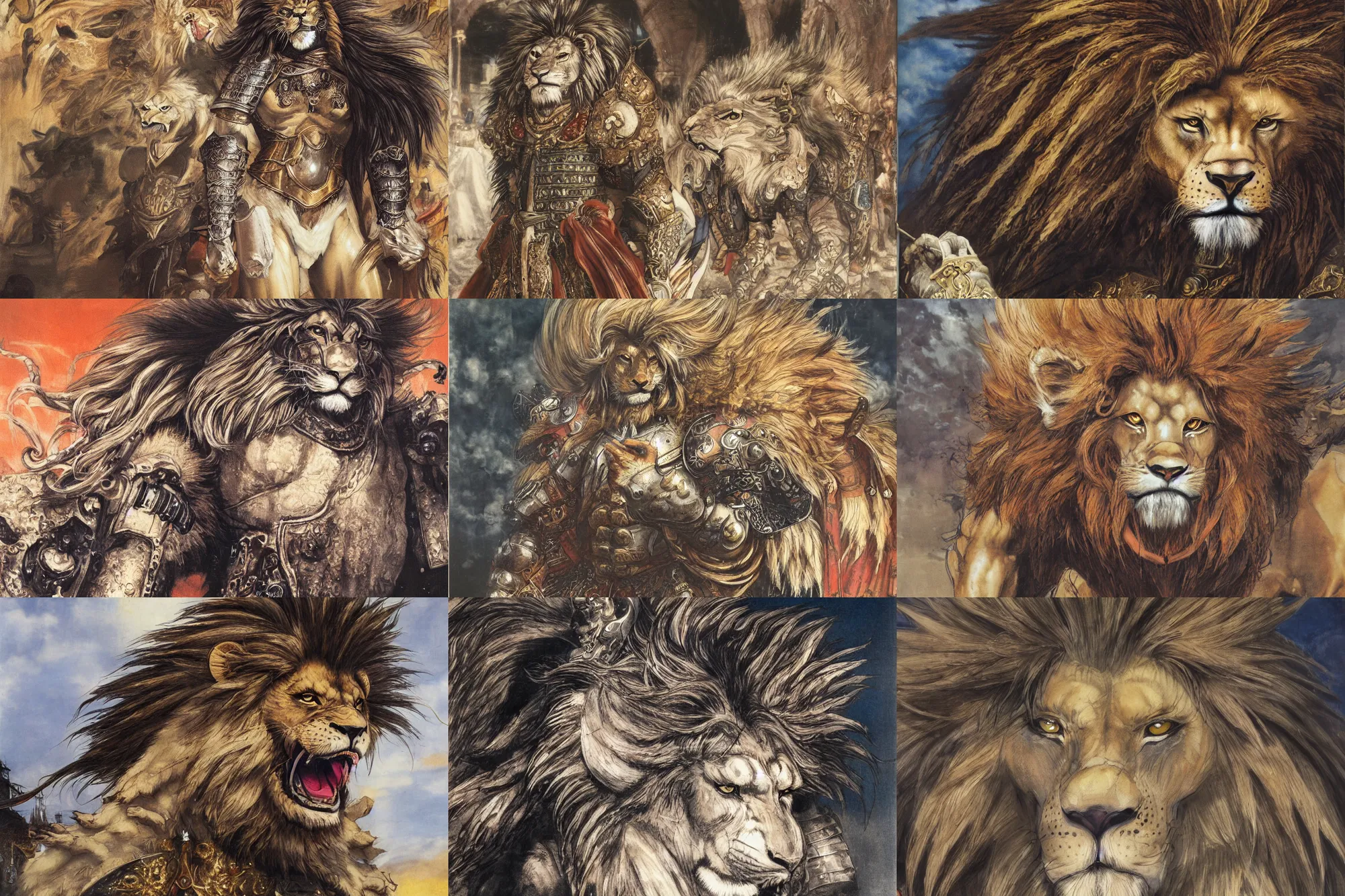 Image similar to 8k Yoshitaka Amano painting of upper body of a young cool looking lion beast-man at a medieval market at windy day. Lion with white mane, Depth of field. He is wearing complex fantasy armors. He has huge paws. Renaissance style lighting.