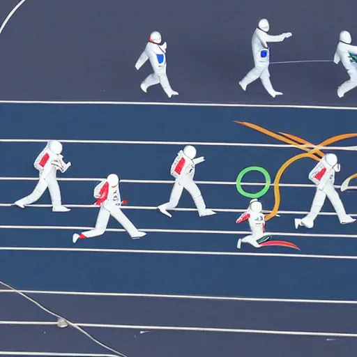 Image similar to 5 space astronauts in spacesuits running in a relay race in a stadium, each astronaut in different colors, olympic relay race. athens games