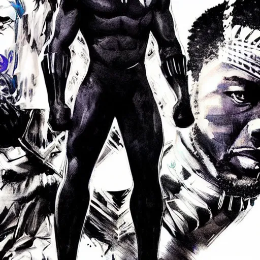 Image similar to chadwick boseman looking at a black panther, yoji shinkawa, tattoo design