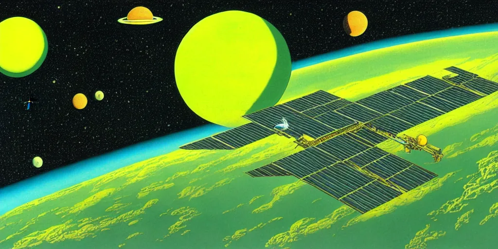 Image similar to A 1970s space station floating above a green and yellow planet in space, detailed illustration, Moebius