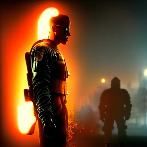 Image similar to rock - manas a soldier smoking a cigarette, still from the movie universal soldier, still from the movie terminator, fog, dramatic lighting, cinematic, 4 k, full body shot, backlit, rim lighting, full body photgraph, shap, football armor, cyberpunk, bladerunner, extreme detail, light rain, trending on artstation