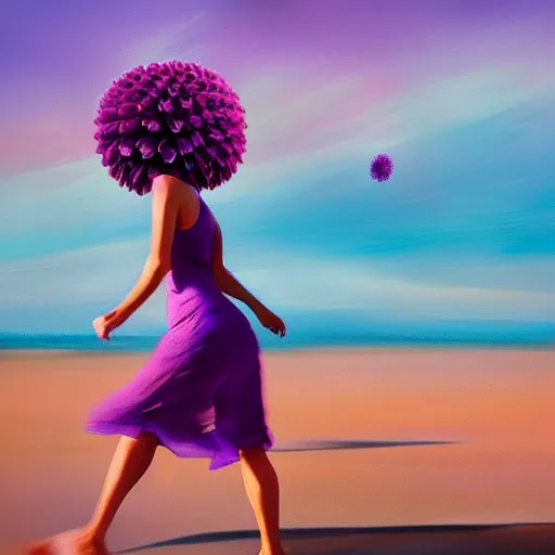 Prompt: portrait, giant purple dahlia flower head, woman running at the beach, surreal photography, sunrise, blue sky, dramatic light, impressionist painting, digital painting, artstation, simon stalenhag