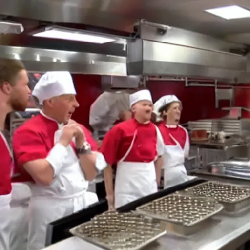 Image similar to gordon ramsay yelling at kfc employees in the kfc kitchen on kitchen nightmares. the employees are lined up and in their kfc uniforms. 4 k broadcast
