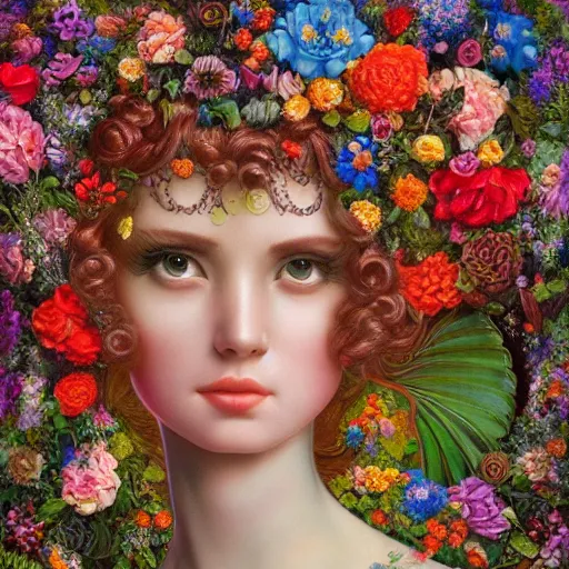 Prompt: a 3 d realistic image of a stunning fierce goddess of women surrounded by lush flowers looking at the mark ryden camera, impressionism, pop 3 d 8 k ultra detailed