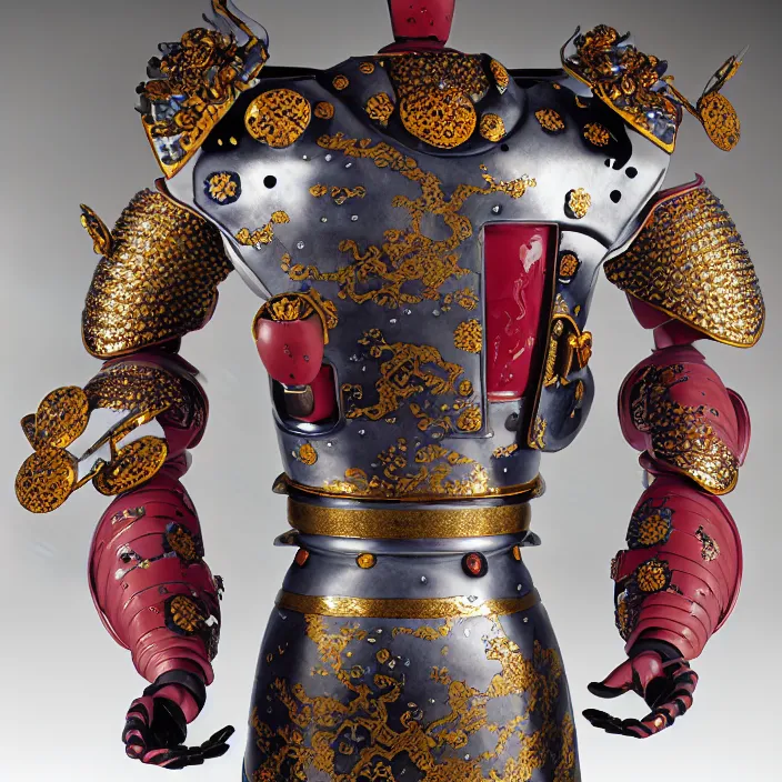 Image similar to ceramic cyborg, Kakiemon design armor with plums and stylized flowers in glaze and gilding Edo period 1670–1690, diffuse lighting, fantasy, intricate, elegant, highly detailed, lifelike, photorealistic, digital painting, artstation, illustration, concept art, smooth, sharp focus, art by John Collier and Albert Aublet and Krenz Cushart and Artem Demura and Alphonse Mucha