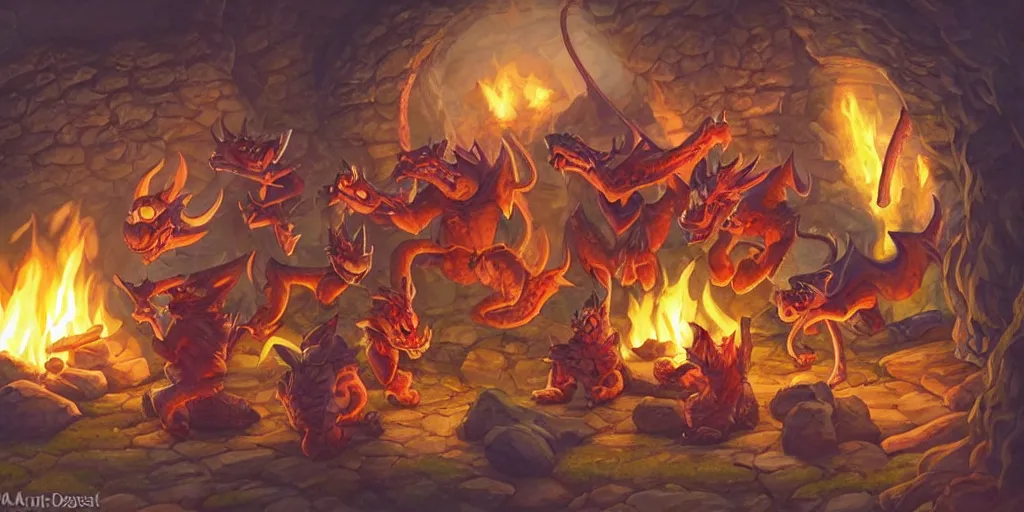 Prompt: a group of draconic kobolds chatting around a cooking fire in a cavern, dungeons & dragons artwork by Artgerm