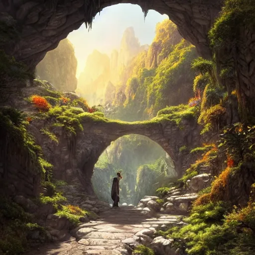 Image similar to A beautiful hyper realistic detailed matte painting of a perfect stone archway over a pathway through a dense colorful forest, dramatic mountains in background, dramatic lighting, dynamic lighting, cinematic lighting, lit by morning light, by Raphael Lacoste and John Howe and Andreas Rocha, unreal engine, featured on artstation, ultrawide angle, f8, polarizer filter