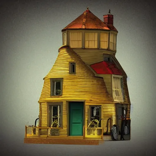 Prompt: strange tiny house by Tim Burton, dark background, volumetric lighting