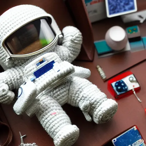 Image similar to a miniature amigurumi astronaut. Diorama. very Full Detailed. 4k. Macro 200 mm