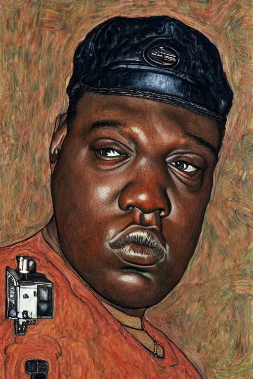 Image similar to a portrait of biggie smalls pointing an uzi toward the viewer by egon schiele, masterpiece, hyperdetailed, complex, intricate, old school, 9 0 s, 4 k, trending on artstation