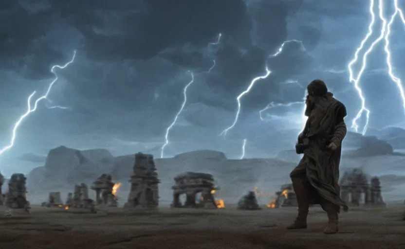 Image similar to screenshot portrait of Luke Skywalker in a windy lightning battlefield with scattered ruins of a fiery jedi rock temple, surrounded by giant AT-AT walkers, with young jedi army behind him, iconic scene from 1970s film by Stanley Kubrick, last jedi, 4k HD, cinematic lighting, beautiful portrait of Mark Hammill, moody scene, stunning cinematography, anamorphic lenses, kodak color film stock