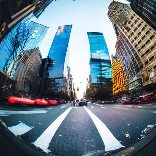 Prompt: widest fish eye lens extremely close viewing a wide eyed man in the city