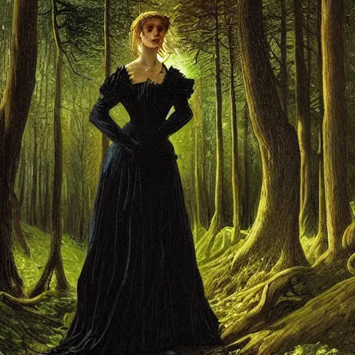 Prompt: A beautiful victorian woman, night, gothic dress, flowing hair, oil painting, portrait, magical forest, spirally trees, glow, dramatic lighting, dramatic light, masterpiece, high detail, long shadow, amazing composition, detailed, painted by Caspar David Friedrich