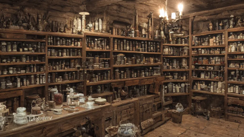 Image similar to 12th century apothecary shop, film still from the game skyrim, wide lens