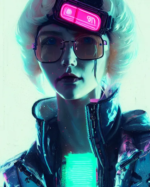 Prompt: detailed portrait neon operator lady, blonde short messy hair, cyberpunk futuristic, neon, reflective puffy coat, decorated with traditional japanese by ismail inceoglu dragan bibin hans thoma greg rutkowski alexandros pyromallis nekro rene margitte, illustrated, perfect face, fine details, realistic shaded, fine - face, pretty face