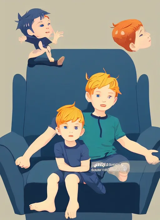 Image similar to two little boys sitting on a couch. a little blonde boy and a little ginger boy. clean cel shaded vector art. shutterstock. behance hd by lois van baarle, artgerm, helen huang, by makoto shinkai and ilya kuvshinov, rossdraws, illustration, art by ilya kuvshinov