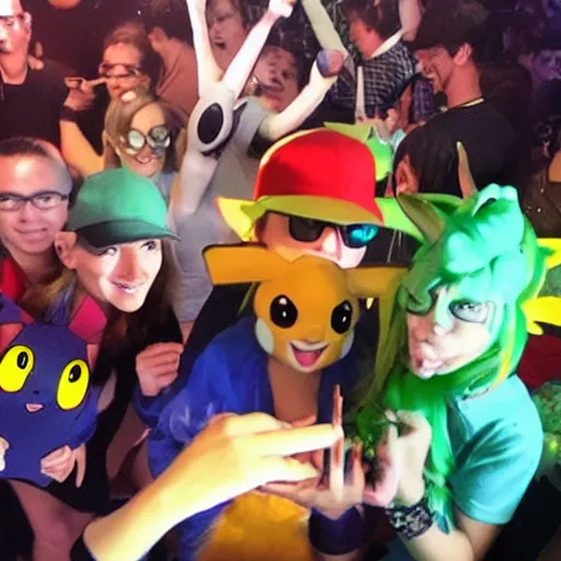 Image similar to pokemon party in a techno nightclub in berlin