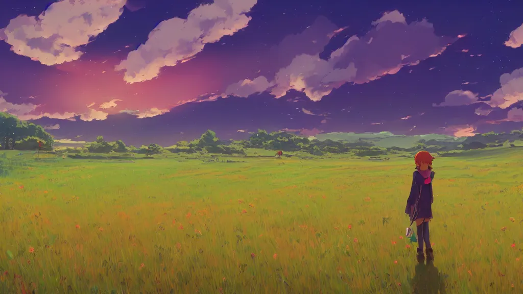 Prompt: landscape of a farm field background, rich vivid colors, ambient lighting, dynamic lighting, 4k, HQ, official media, concept art, anime key visual, makoto shinkai, ilya kuvshinov, lois van baarle, rossdraws, detailed, trending on artstation