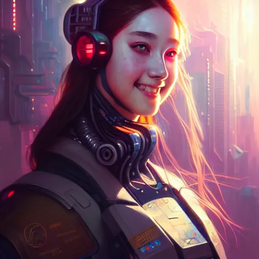 Image similar to portrait painting of cyberpunk chuu loona as a cheerful smiling mercenary, ultra realistic, concept art, intricate details, eerie, highly detailed, photorealistic, octane render, 8 k, unreal engine. art by artgerm and greg rutkowski and magali villeneuve and alphonse mucha