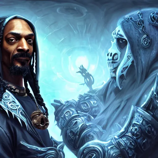 Image similar to portrait of snoop dogg as the grim reaper, league of legends amazing splashscreen artwork, gears of war, splash art, natural light, elegant, photorealistic facial features, intricate, fantasy, detailed face, atmospheric lighting, anamorphic lens flare, cinematic lighting, league of legends splash art, hd wallpaper, ultra high details by greg rutkowski