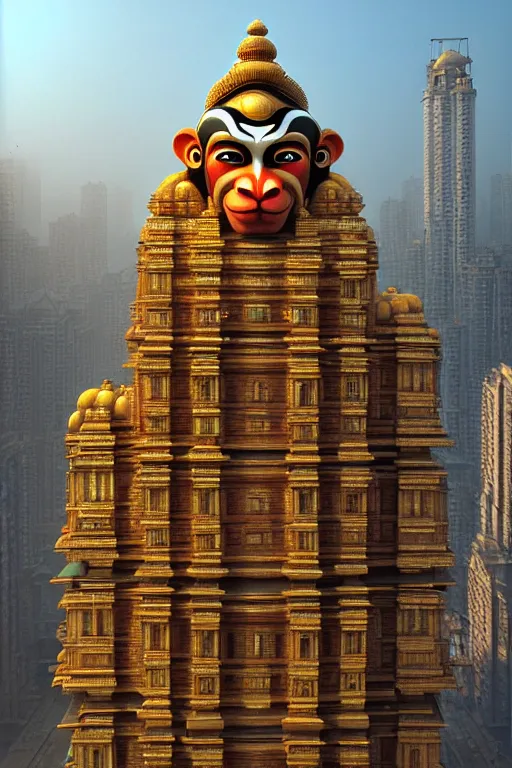 Prompt: high quality photo sci - fi neoclassical mumbai, kalighat hanuman!! head building, highly detailed, cinematic smooth unreal engine, berenice abbott, hard morning light, long shot, low angle, uhd 8 k, sharp focus